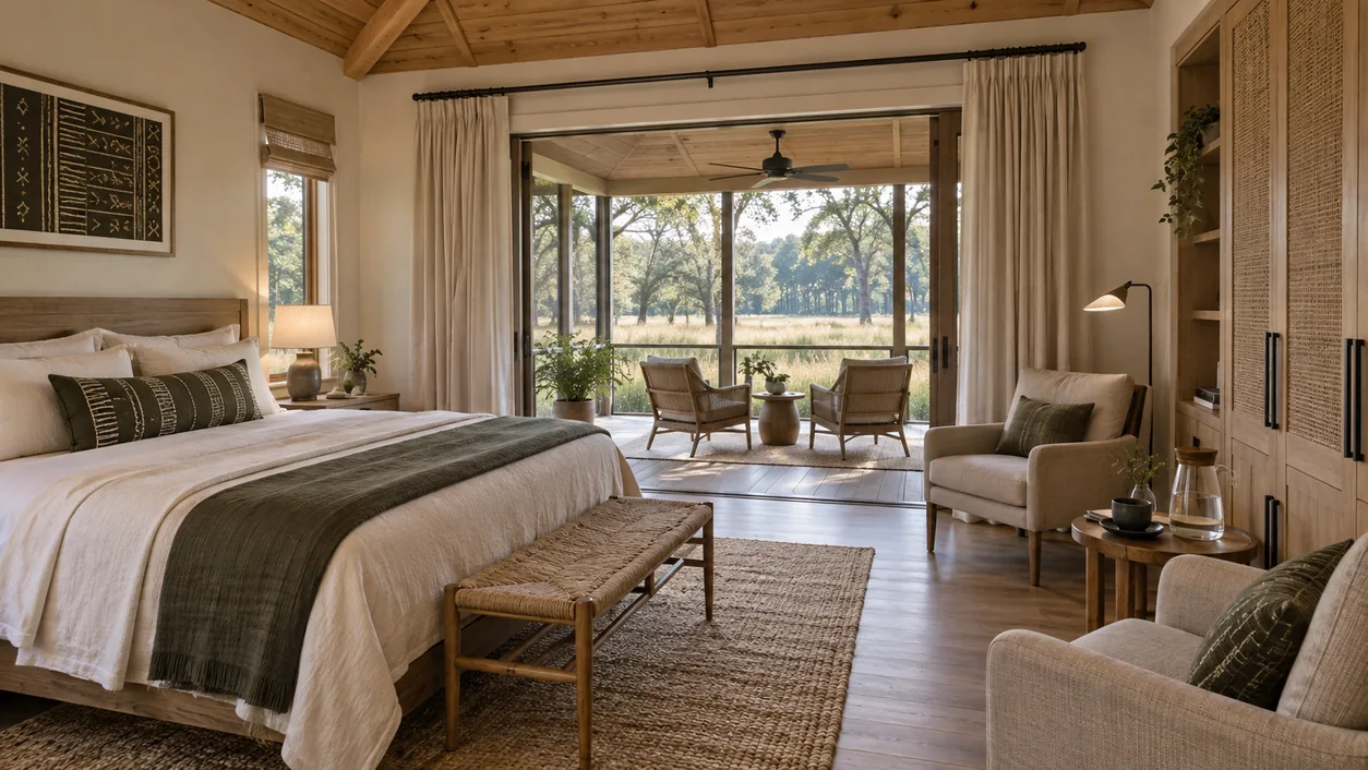 AI visualization of a proposed restorative cottage interior with warm timber and screened porch