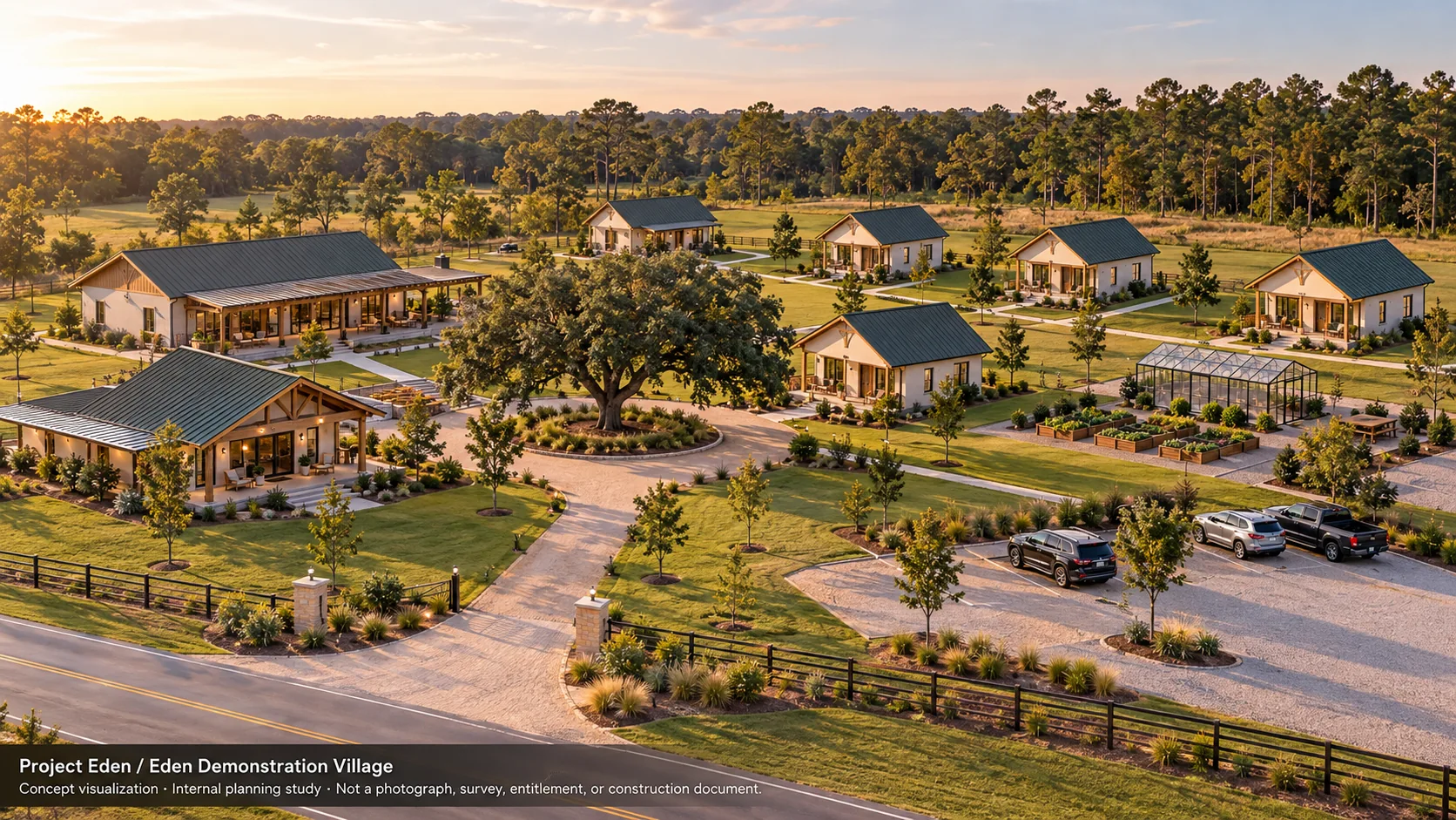 AI concept aerial of a proposed, completed Southern vernacular restorative village with cottages, communal buildings, landscaped paths and a greenhouse; not the actual property