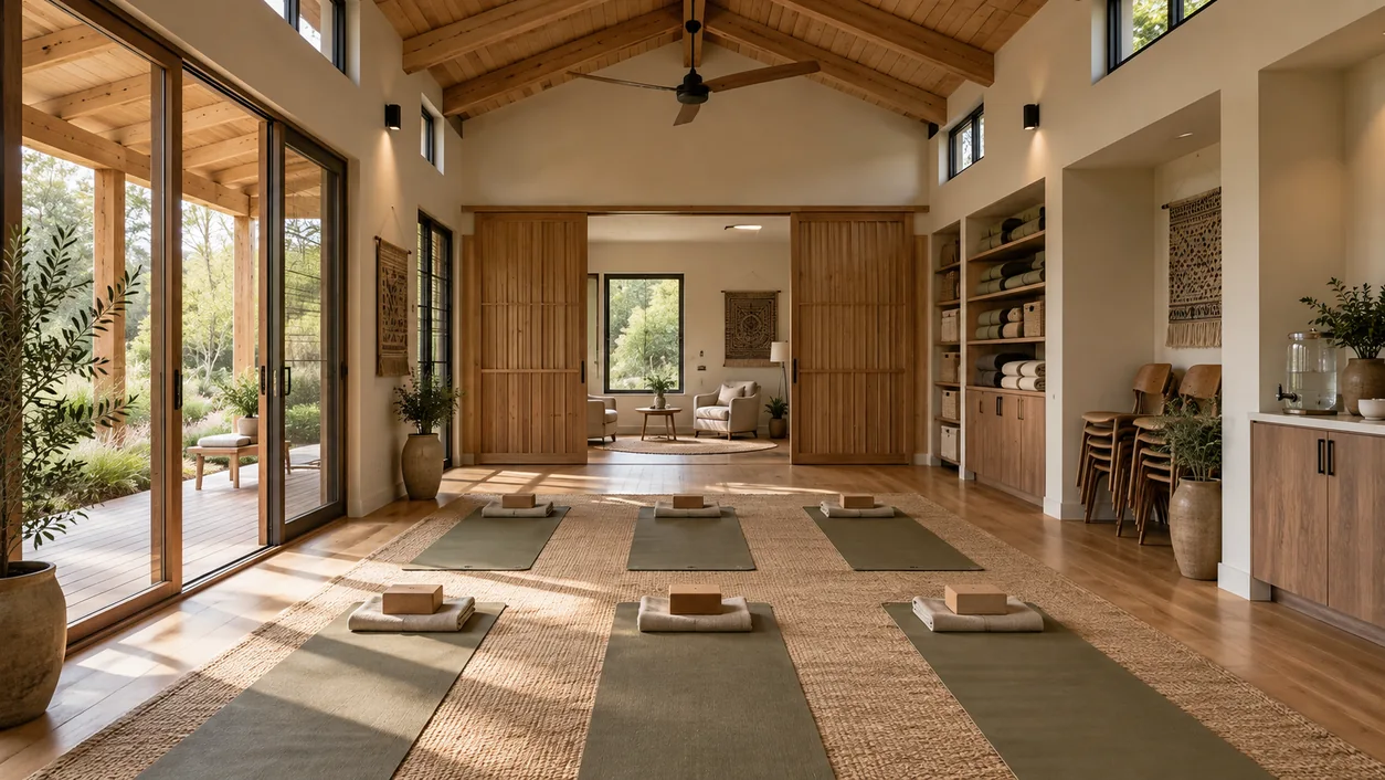 AI concept of a flexible non-clinical movement, meditation and gathering interior