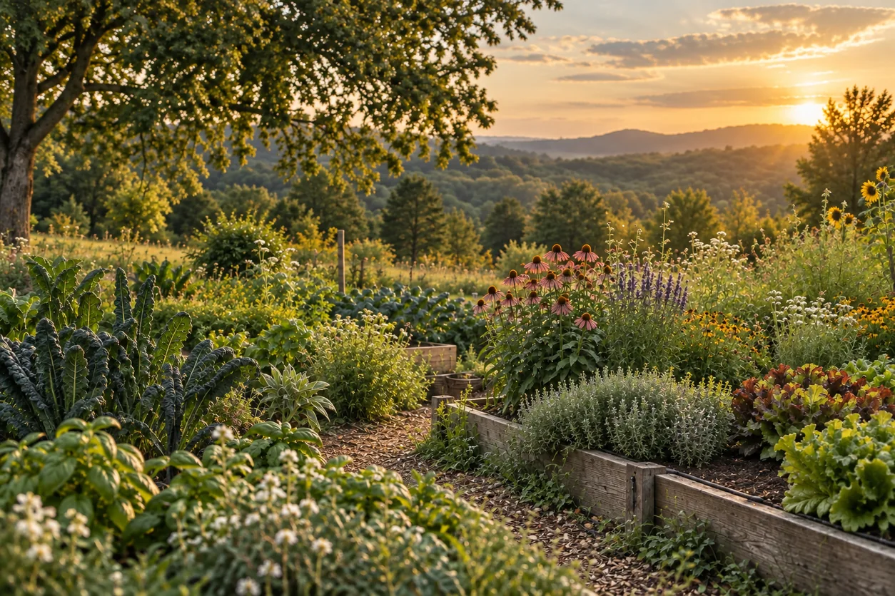 AI visualization of gardens and cultivated beds in a Southern vernacular restorative landscape