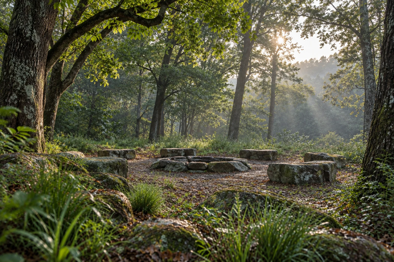 AI concept of quiet gathering in a wooded landscape